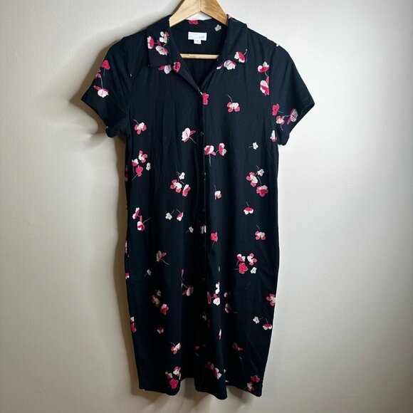 J Jill Dress Womens Size S Black Dark Floral Button Up Short Sleeve Pockets - Picture 1 of 10